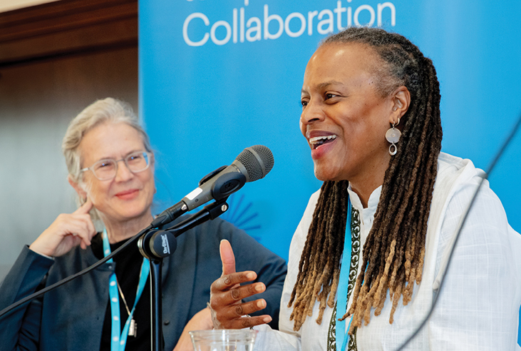 Woman speaking at microphone